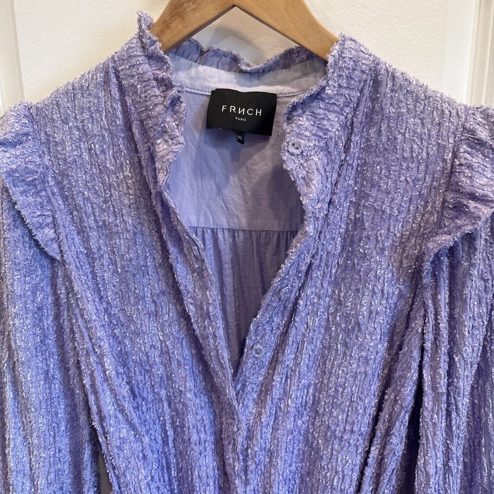 FRNCH Size XS Purple Dress Button Down Robe Ruffles Romantic Paris Violet